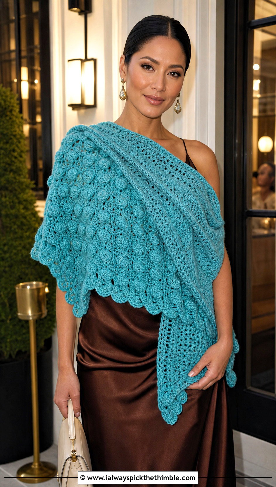 Bobble Stitch Asymmetrical Crochet Shawl With Slip Dress - 20 asymmetrical crochet shawl outfit ideas