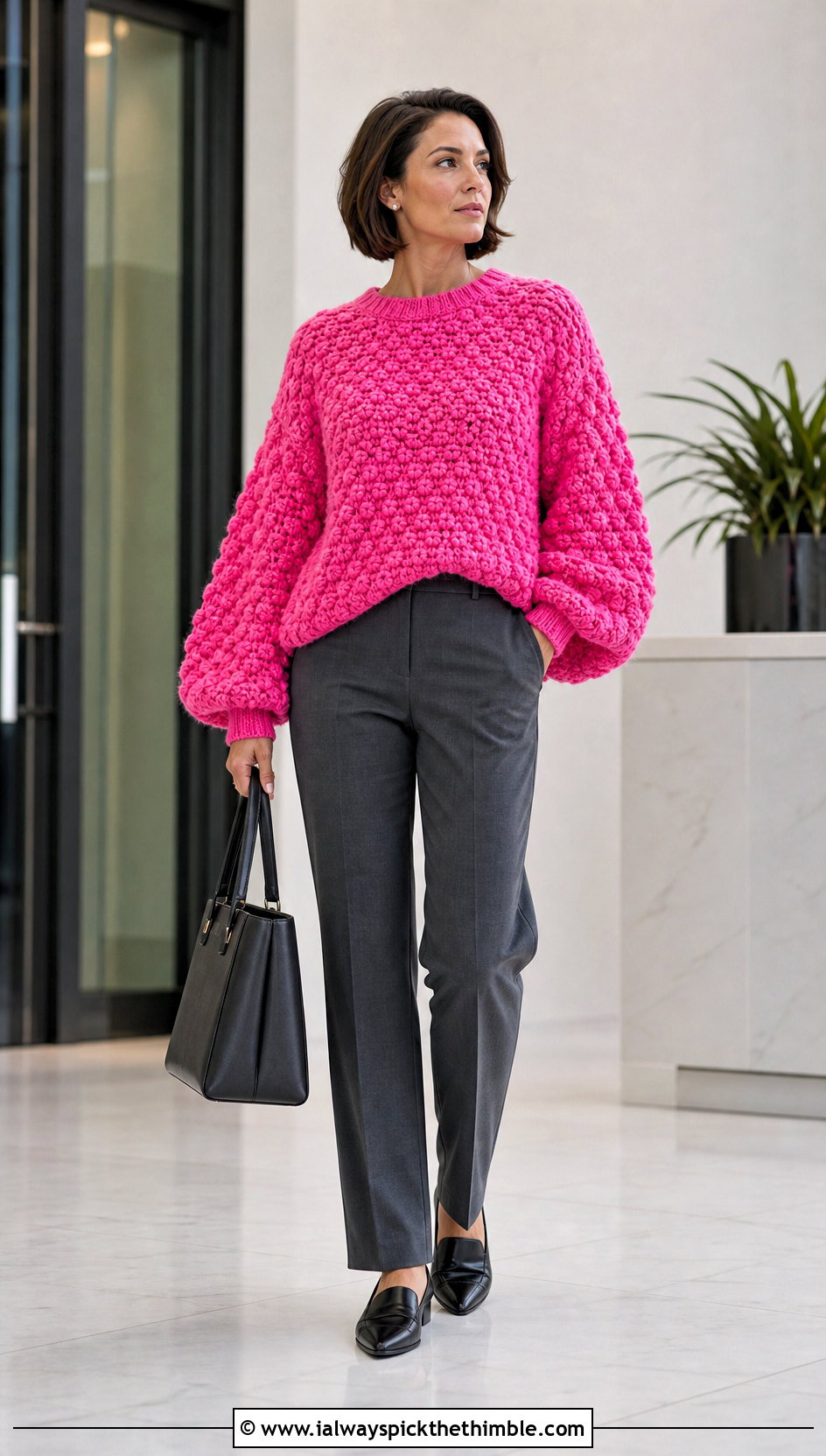 Bobble Stitch Balloon Sleeve Slouchy Crochet Sweater With Tailored Trousers - 20 slouchy crochet sweater outfit ideas