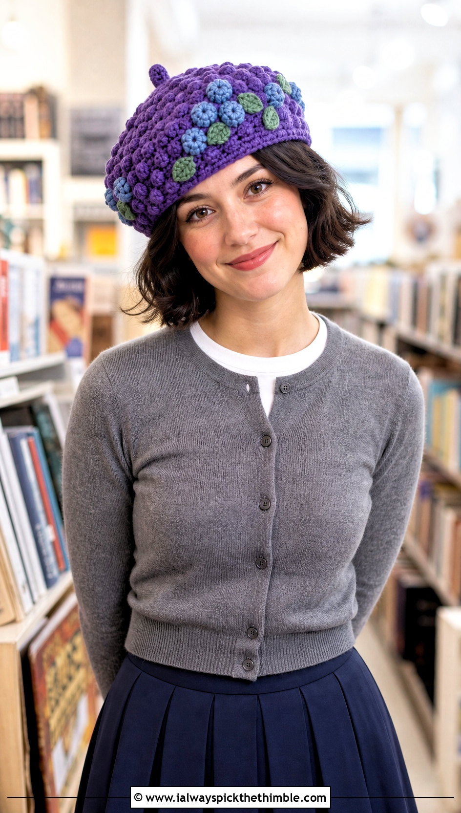 Bobble Stitch Blueberry Crochet Beret With Cardigan And Pleated Skirt - 25 blueberry crochet hat outfit ideas