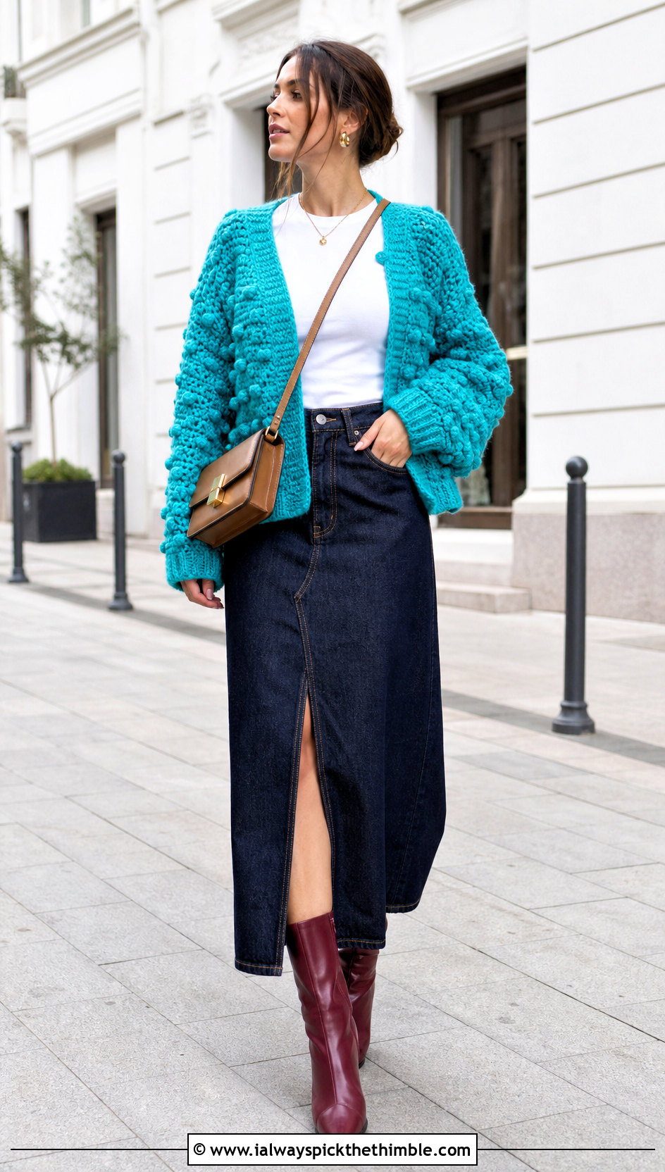 Bobble Stitch Bulky Crochet Cardigan With Denim Maxi Skirt - 20 Bulky Crochet Cardigan outfit ideas