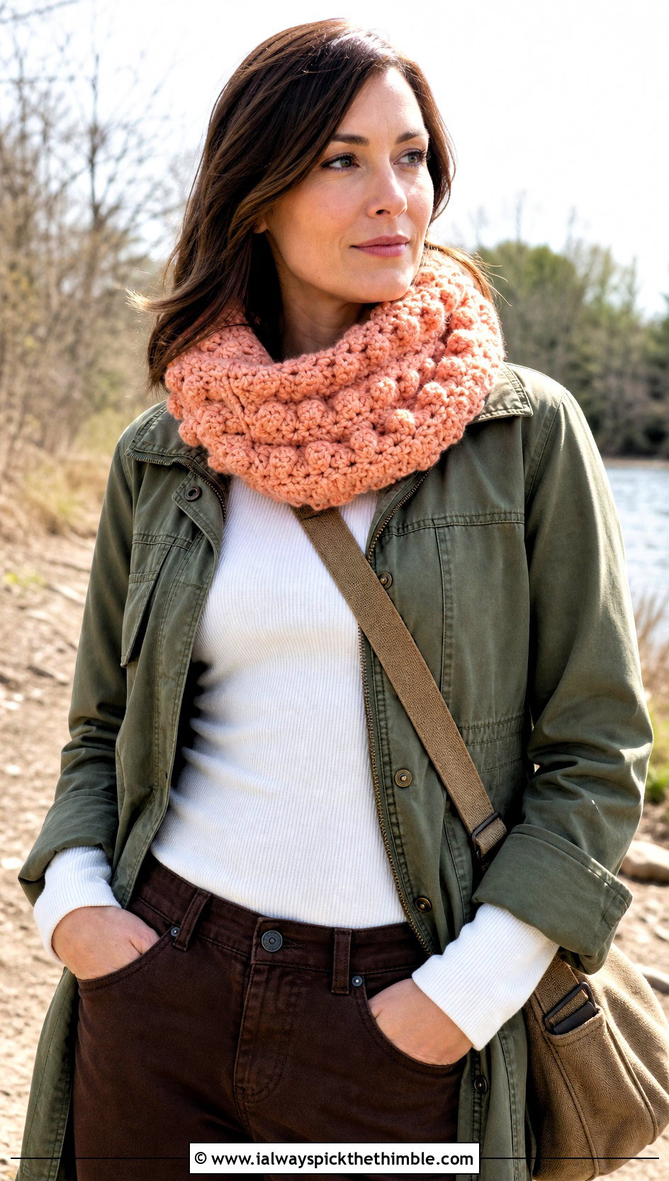 Bobble Stitch Bulky Crochet Cowl With Utility Jacket - 20 Bulky Crochet Cowl outfit ideas