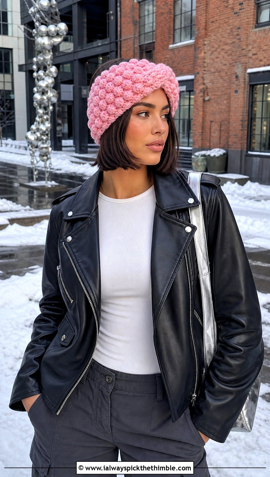 Bobble Stitch Bulky Crochet Ear Warmer With Leather Jacket - 20 Bulky Crochet Ear Warmer outfit ideas