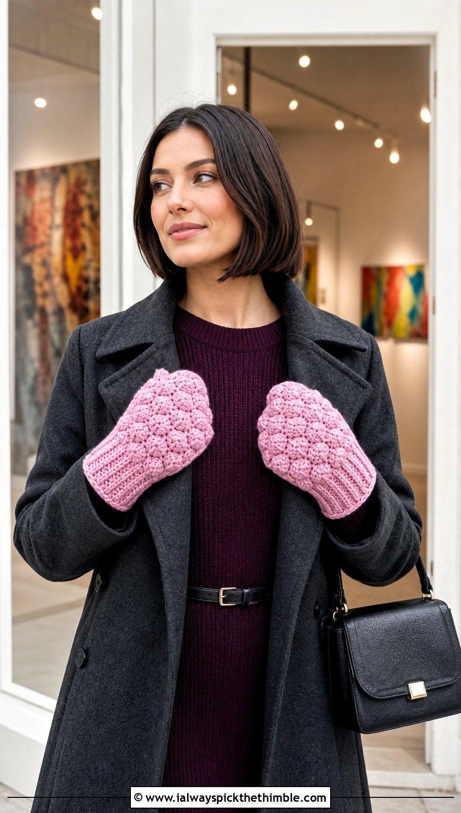 Bobble Stitch Bulky Crochet Mittens With Sweater Dress And Knee Boots - 15 Bulky Crochet Mittens outfit ideas