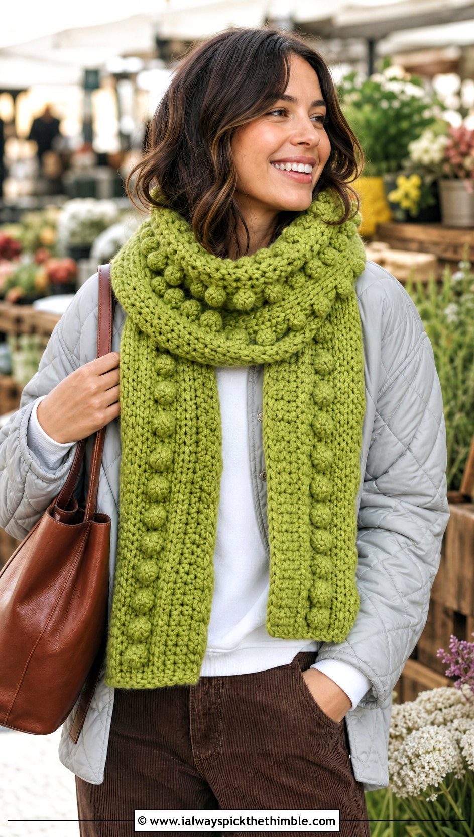 Bobble Stitch Bulky Crochet Scarf With Quilted Jacket - 20 bulky crochet scarf outfit ideas
