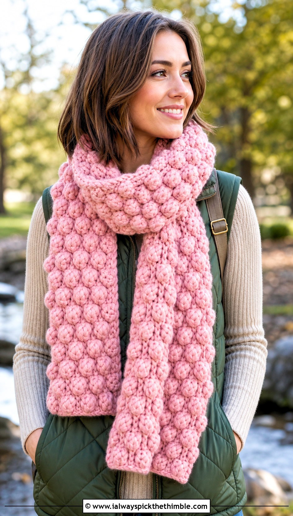 Bobble Stitch Bulky Crochet Scarf With Quilted Vest - 15 Crochet For Scarves Using Bulky Yarn outfit ideas
