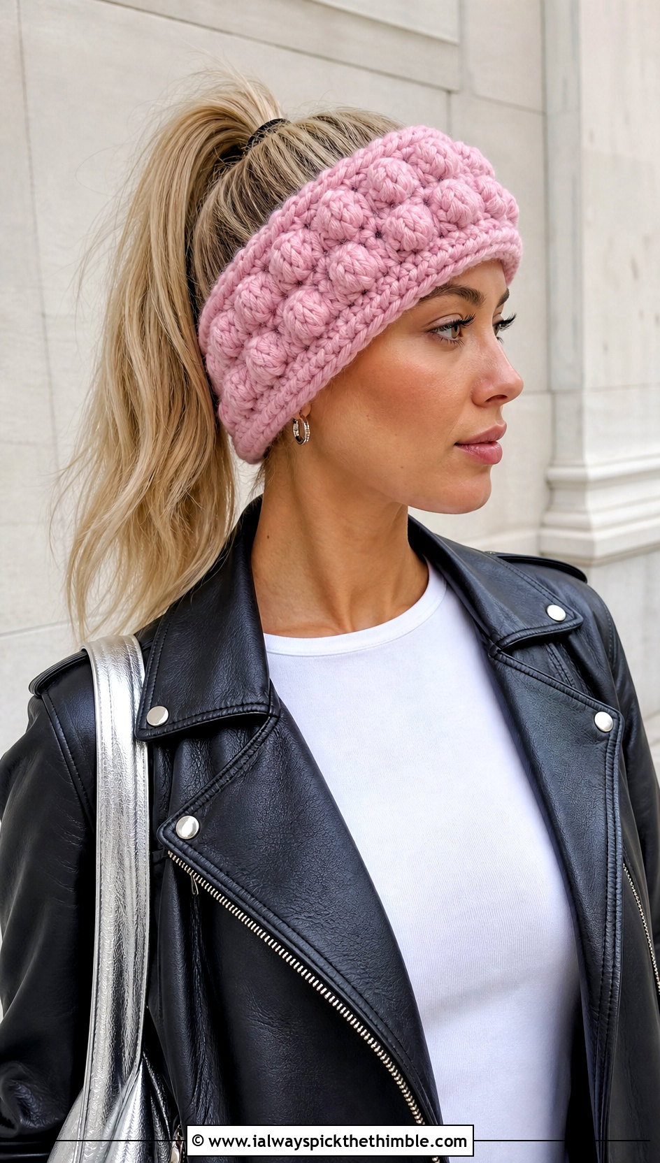 Bobble Stitch Bulky Yarn Crochet Ear Warmer With Leather Jacket - 20 Bulky Yarn Crochet Ear Warmer outfit ideas