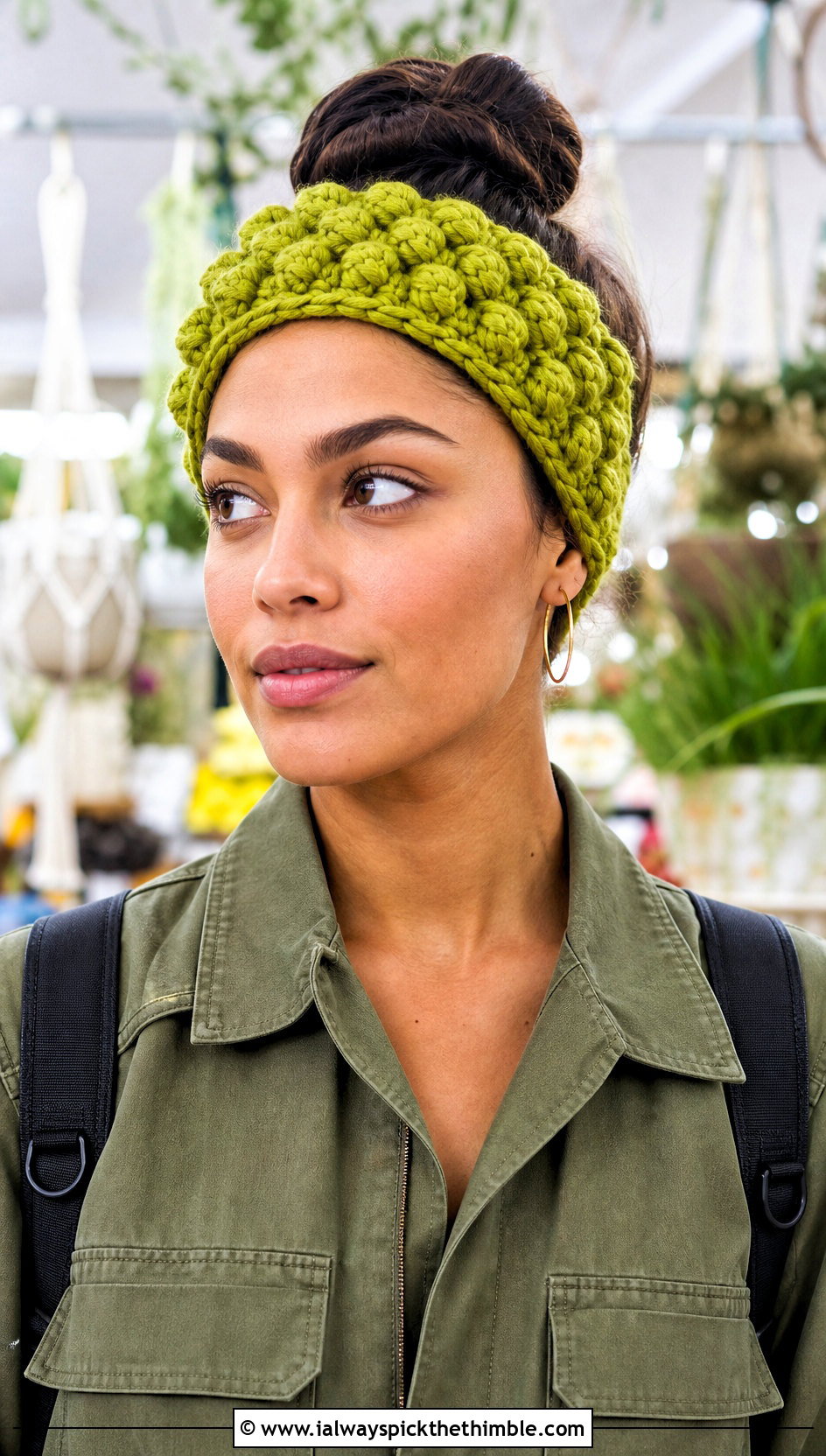 Bobble Stitch Bulky Yarn Crochet Headband With Utility Jumpsuit - 20 bulky yarn crochet headband outfit ideas
