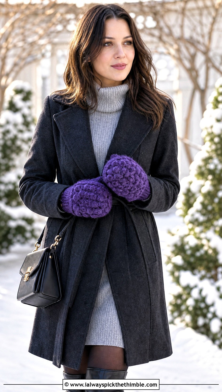 Bobble Stitch Bulky Yarn Crochet Mittens With Sweater Dress And Knee Boots - 20 Crochet Mittens Bulky Yarn outfit ideas