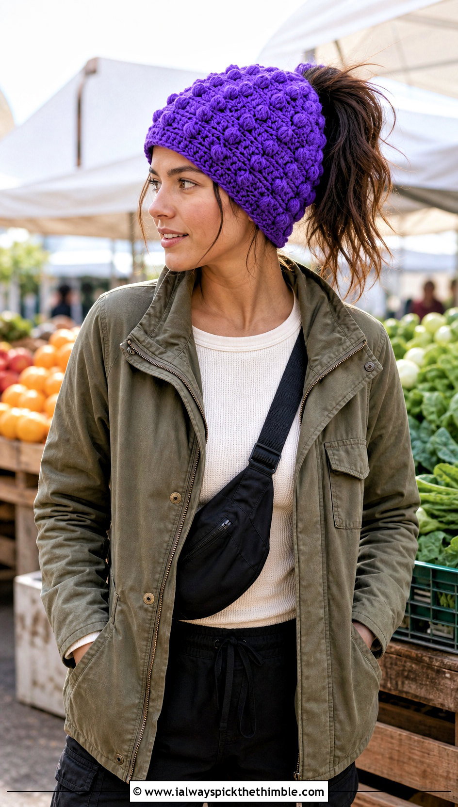 Bobble Stitch Bun Beanie With Utility Jacket - 15 bun crochet hat outfit ideas
