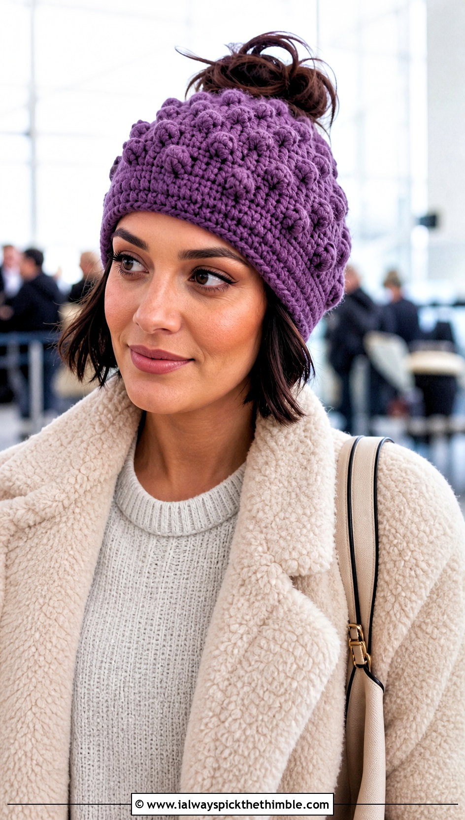 Bobble Stitch Bun Crochet Beanie With Teddy Coat And Knit Set - 20 Bun Crochet Beanie outfit ideas