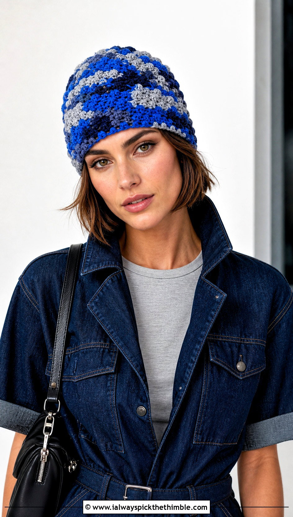 Bobble Stitch Camo Crochet Beanie With Denim Jumpsuit - 20 Camo Beanie Crochet Hat outfit ideas