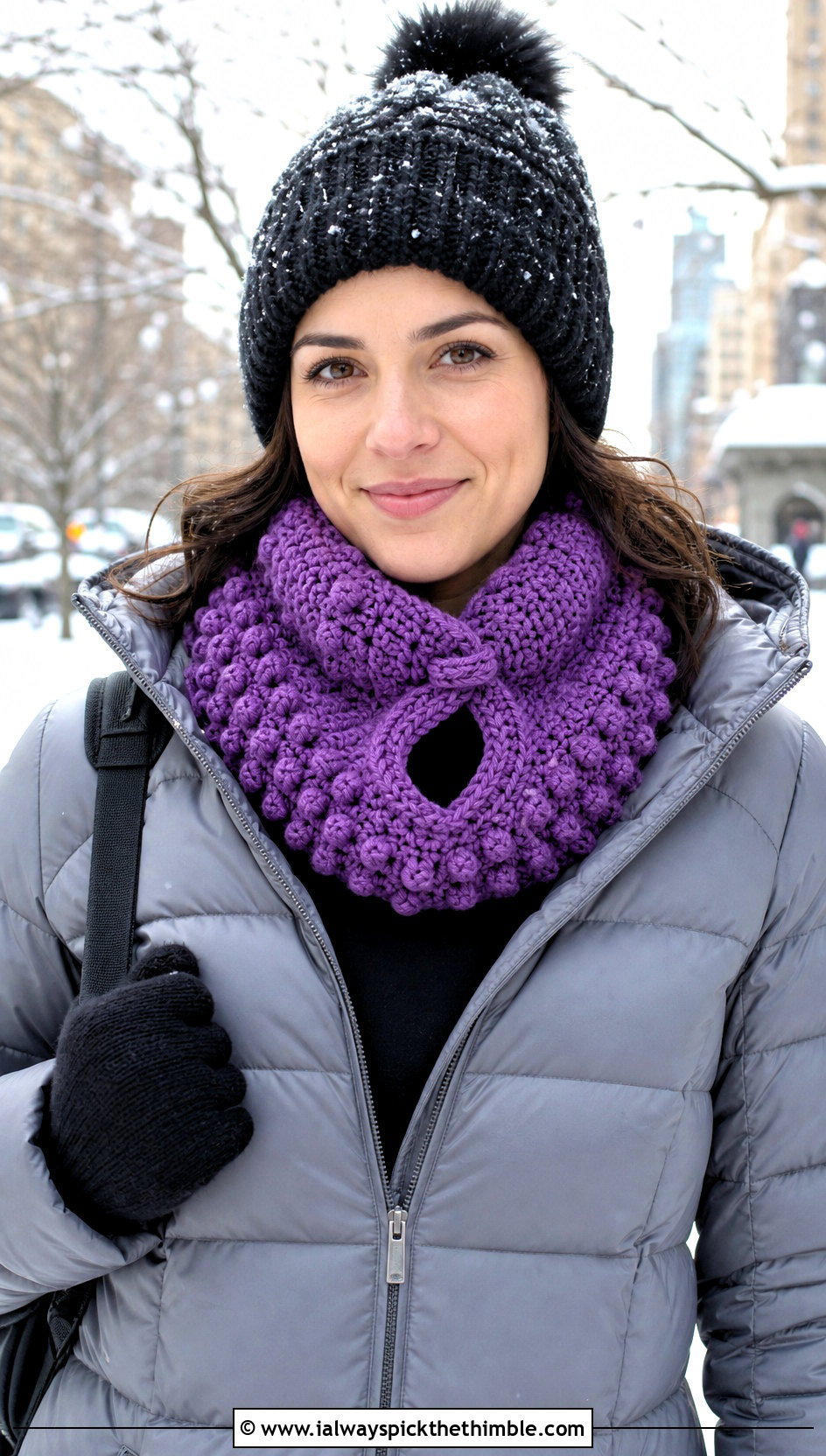Bobble Stitch Cari Keyhole Crochet Scarf With Puffer Coat - 15 Cari Keyhole Crochet Scarf outfit ideas