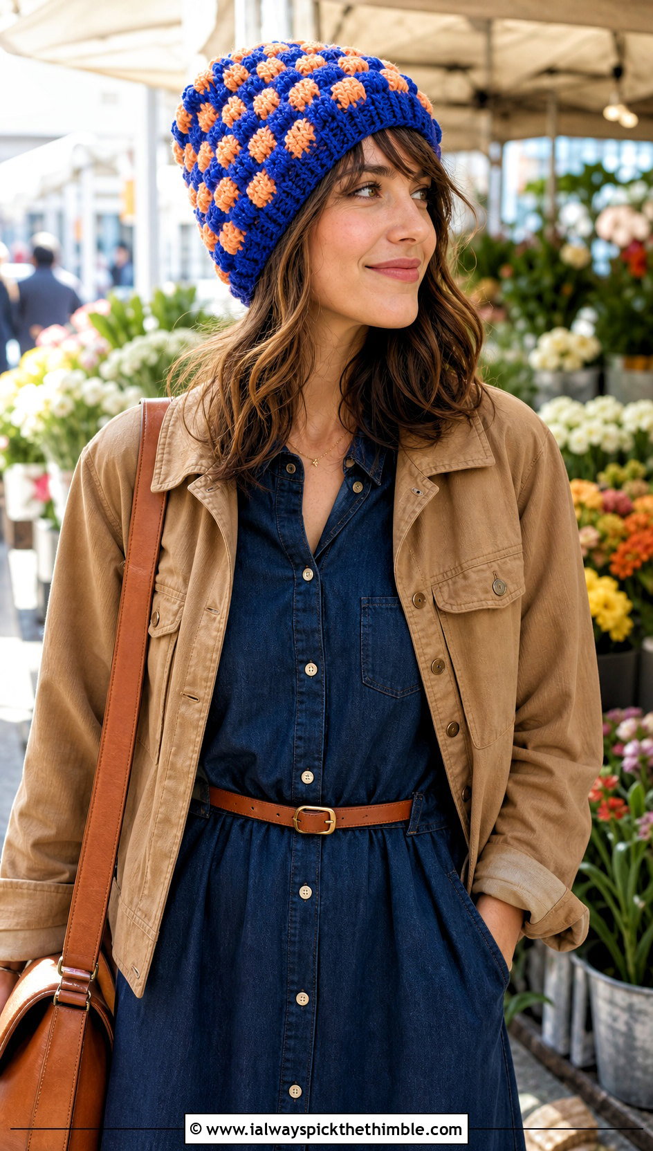 Bobble Stitch Checkered Beanie With Denim Dress - 25 crochet checkered beanie outfit ideas
