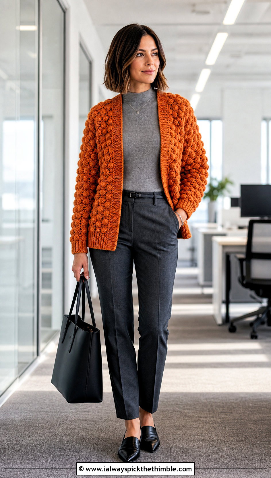 Bobble Stitch Chunky Crochet Cardigan With Tailored Trousers - 25 chunky crochet cardigan outfit ideas