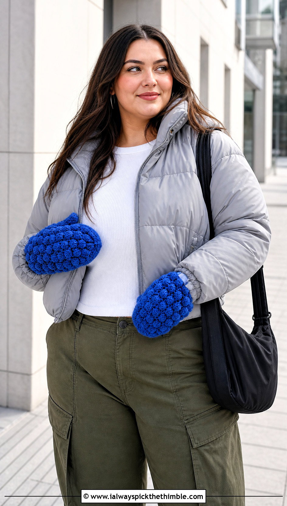 Bobble Stitch Chunky Crochet Mittens With Puffer Jacket and Cargo Pants - 20 Chunky Yarn Crochet Mittens outfit ideas