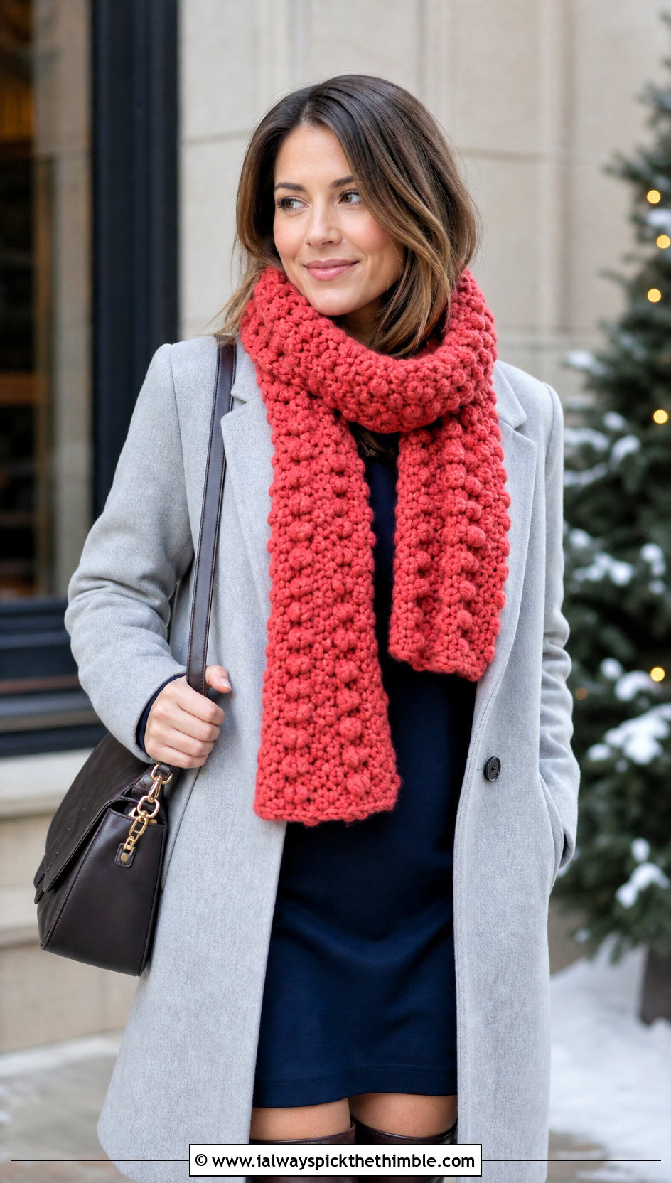 Bobble Stitch Chunky Crochet Scarf With Sweater Dress - 25 chunky crochet scarf outfit ideas