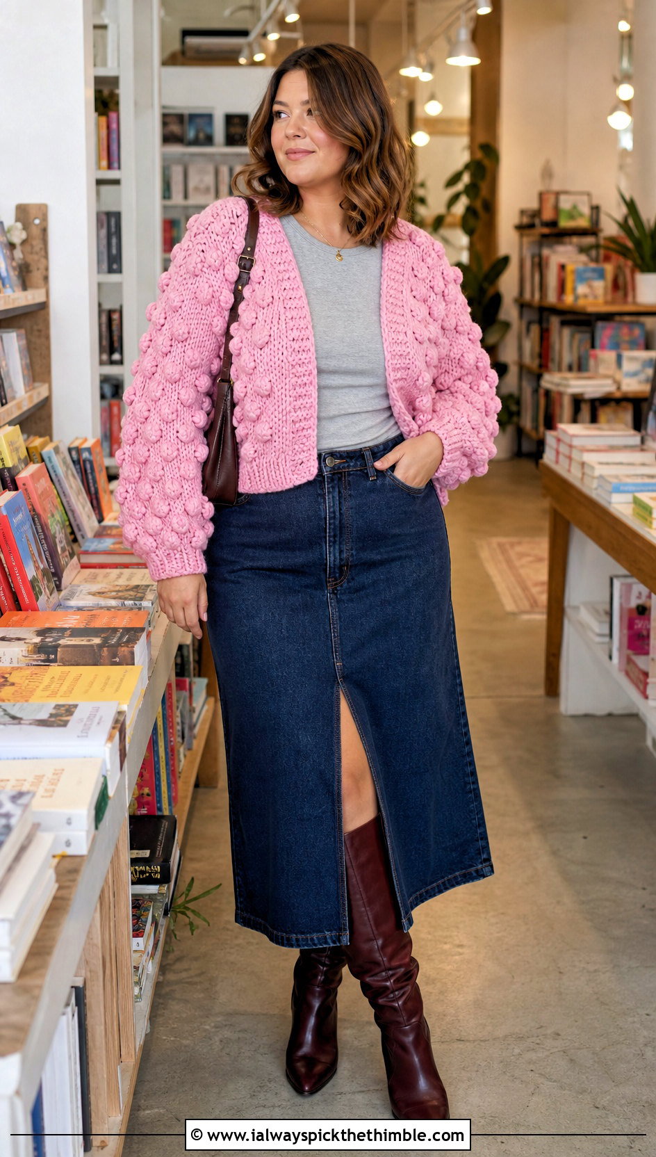 Bobble Stitch Chunky Cropped Cardigan With Denim Midi Skirt - 15 Crochet Chunky Cropped Cardigan outfit ideas