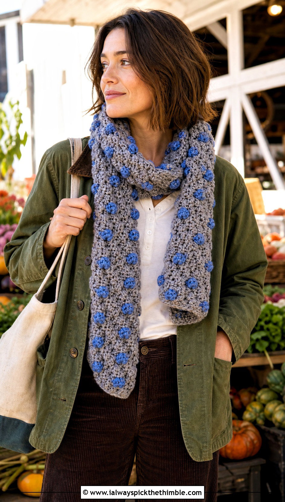 Bobble Stitch Chunky Gray Crochet Scarf With Barn Jacket And Corduroy Pants - 15 Chunky Gray Crochet Scarf outfit ideas