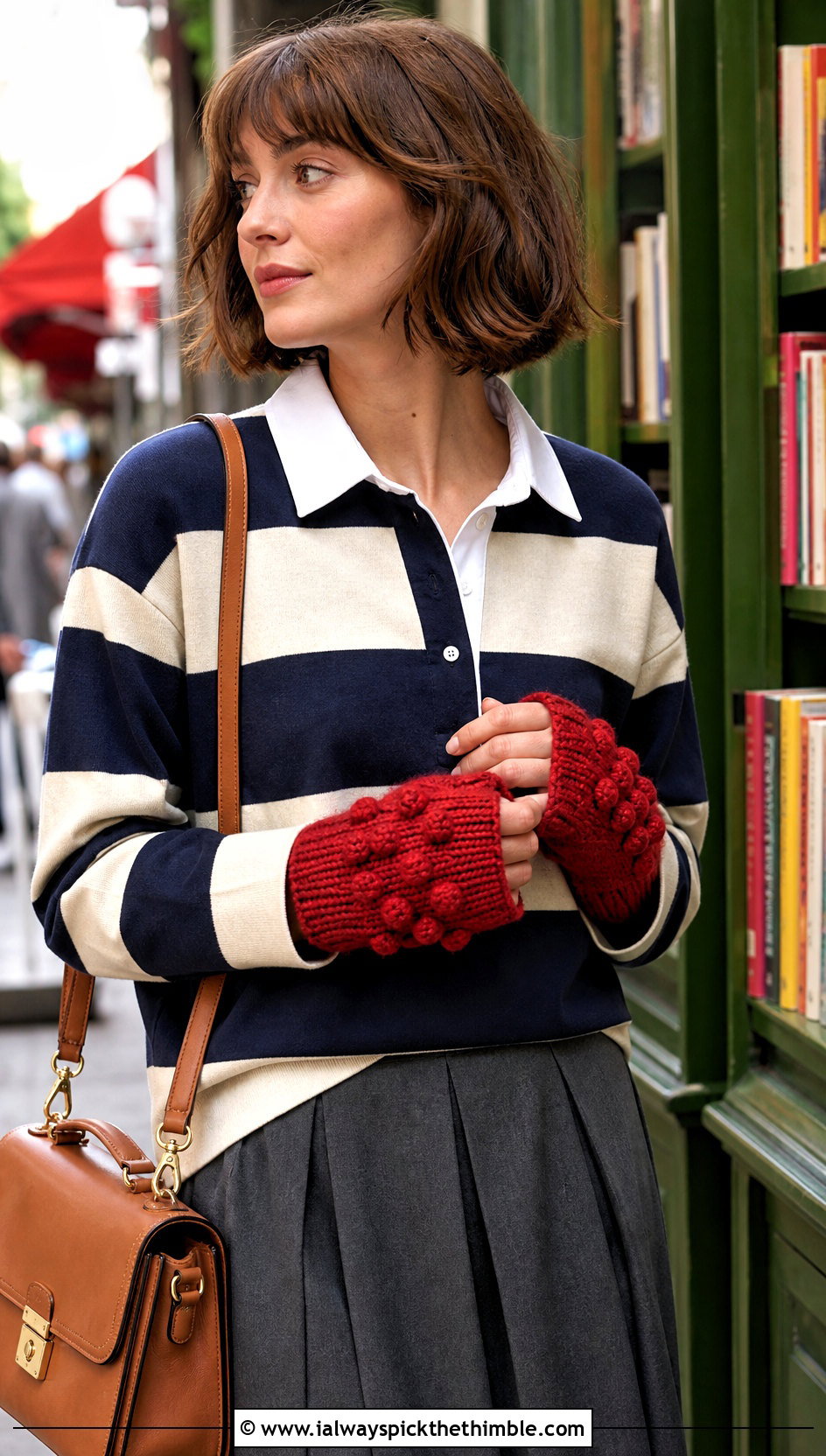 Bobble Stitch Chunky Yarn Crochet Fingerless Gloves With Rugby Shirt - 20 chunky yarn crochet fingerless gloves outfit ideas