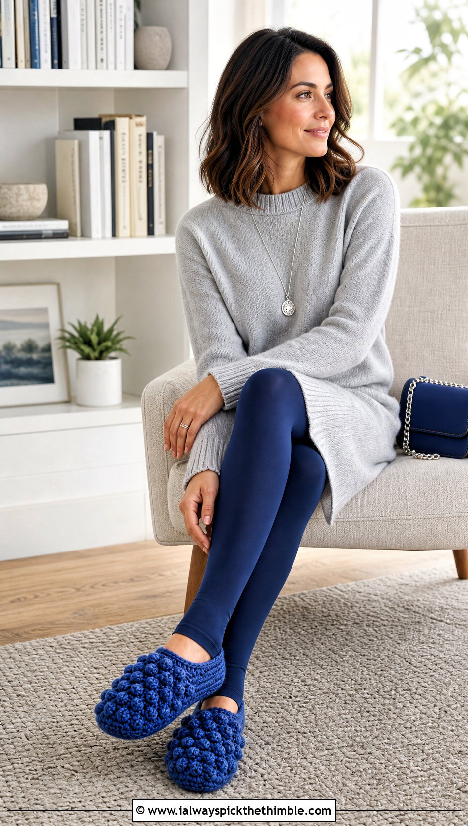 Bobble Stitch Chunky Yarn Crochet Slippers With Sweater Dress - 15 Crochet Slippers Chunky Yarn outfit ideas