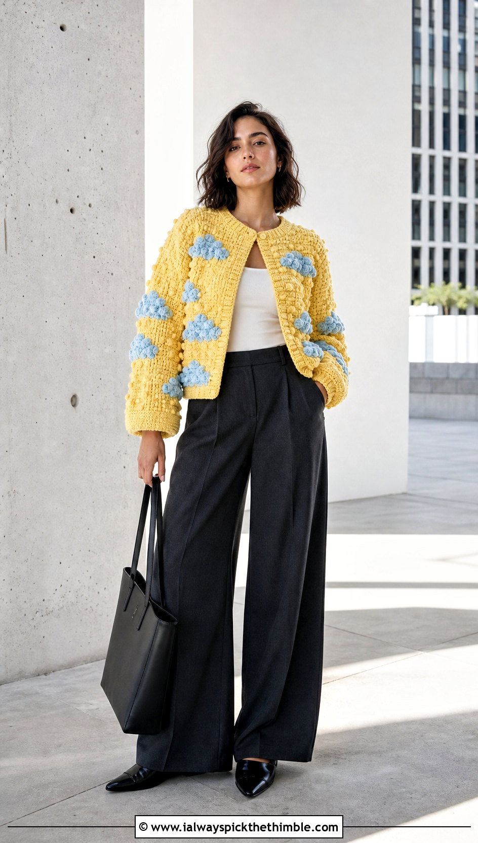 Bobble Stitch Cloud Cardigan With Wide Leg Trousers - 25 crochet cloud cardigan outfit ideas