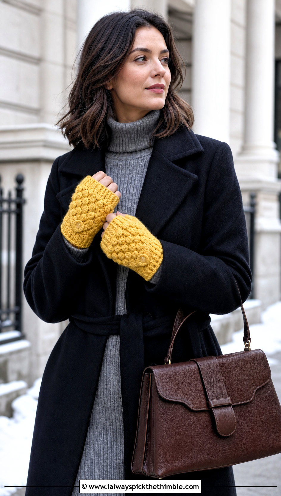 Bobble Stitch Convertible Crochet Mittens With Sweater Dress - 20 Convertible Crochet Fingerless Mittens outfit ideas