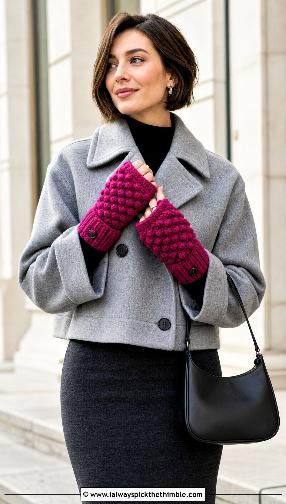 Bobble Stitch Convertible Mittens With Monochrome Skirt Outfit - 20 Convertible Crochet Gloves outfit ideas