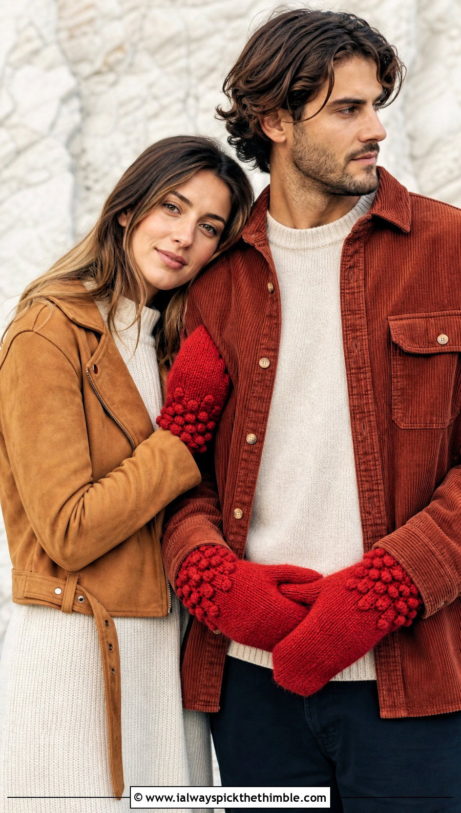 Bobble Stitch Couple Mittens With Boho Layers - 20 crochet couple mittens outfit ideas