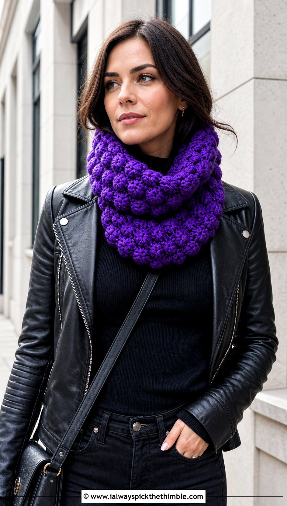 Bobble Stitch Cowl Neck Crochet Scarf With Leather Jacket - 20 Cowl Neck Crochet Scarf outfit ideas
