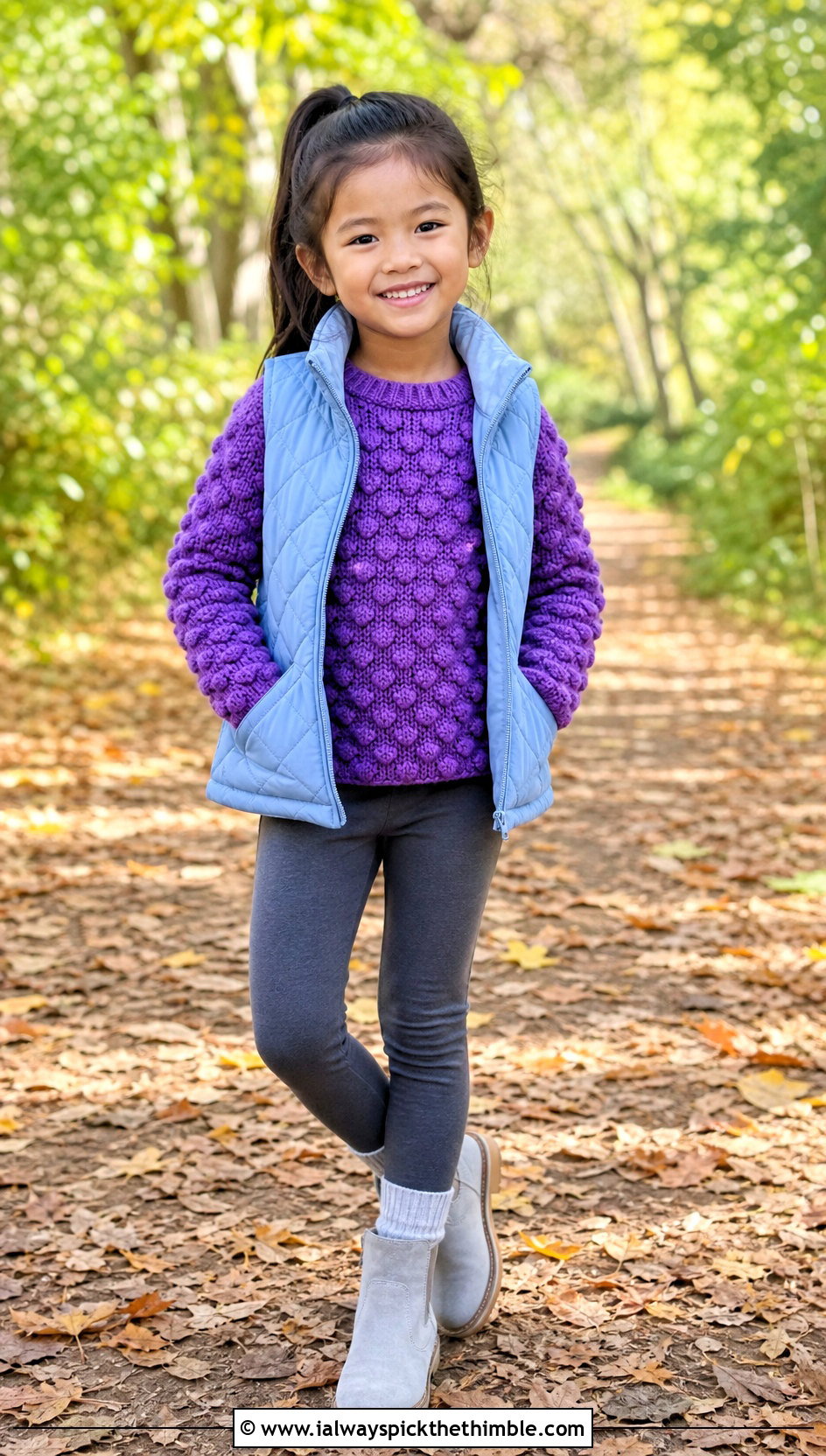 Bobble Stitch Crochet 5T Sweater With Leggings And Boots - 15 crochet 5t sweater outfit ideas