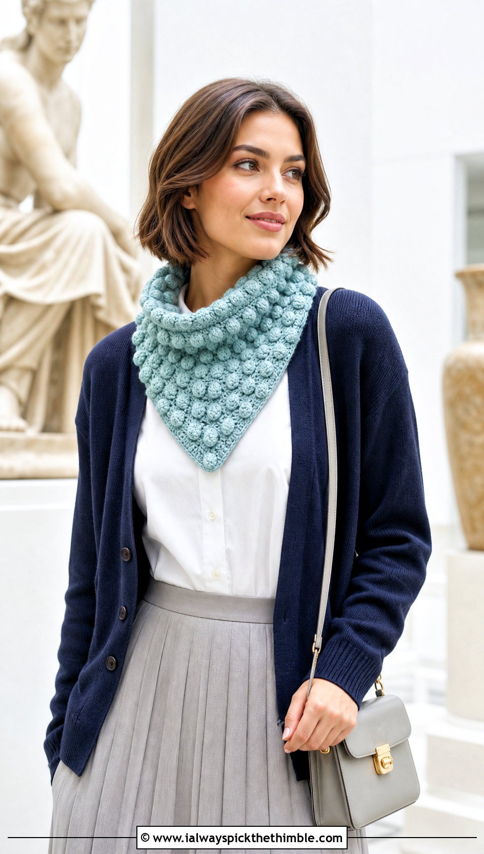 Bobble Stitch Crochet Bandana Cowl With Pleated Skirt - 20 crochet bandana cowl outfit ideas