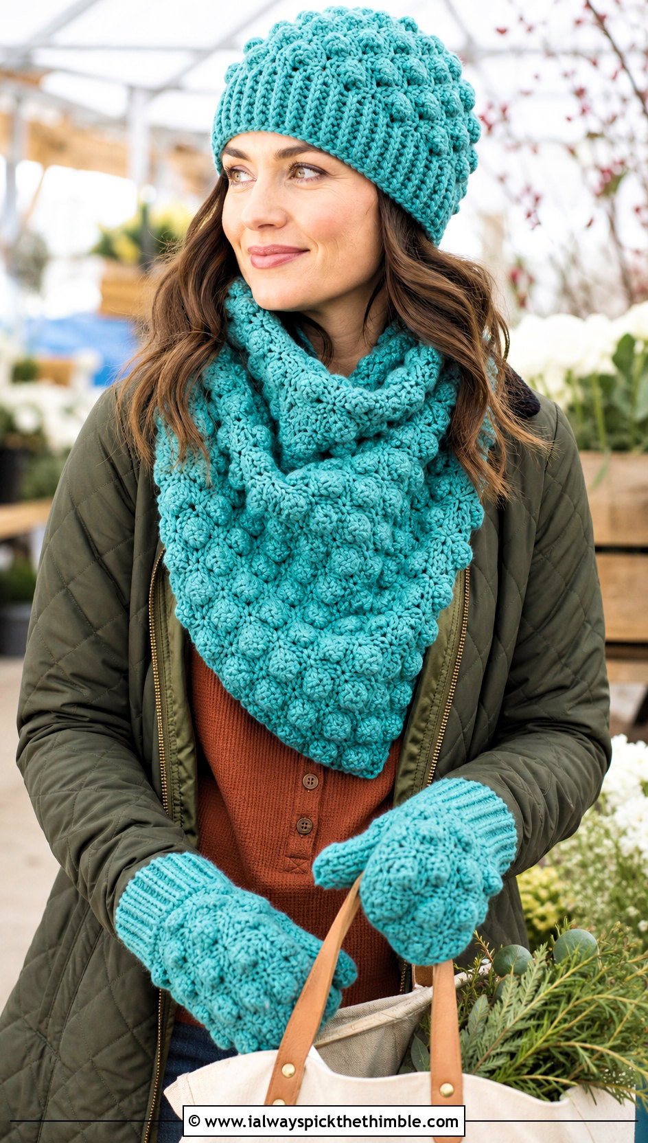 Bobble Stitch Crochet Beanie Blanket Scarf And Mittens With Quilted Jacket - 20 Crochet Hat Mittens Scarf Set outfit ideas