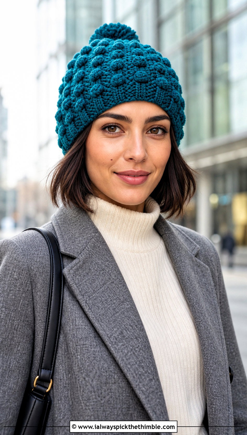 Bobble Stitch Crochet Beanie With Blazer And Tailored Pants - 20 winter crochet beanie outfit ideas