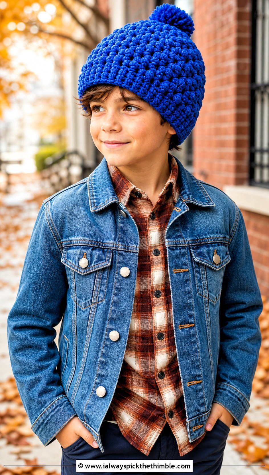 Bobble Stitch Crochet Beanie With Denim Jacket - 25 childrens crochet hats outfit ideas