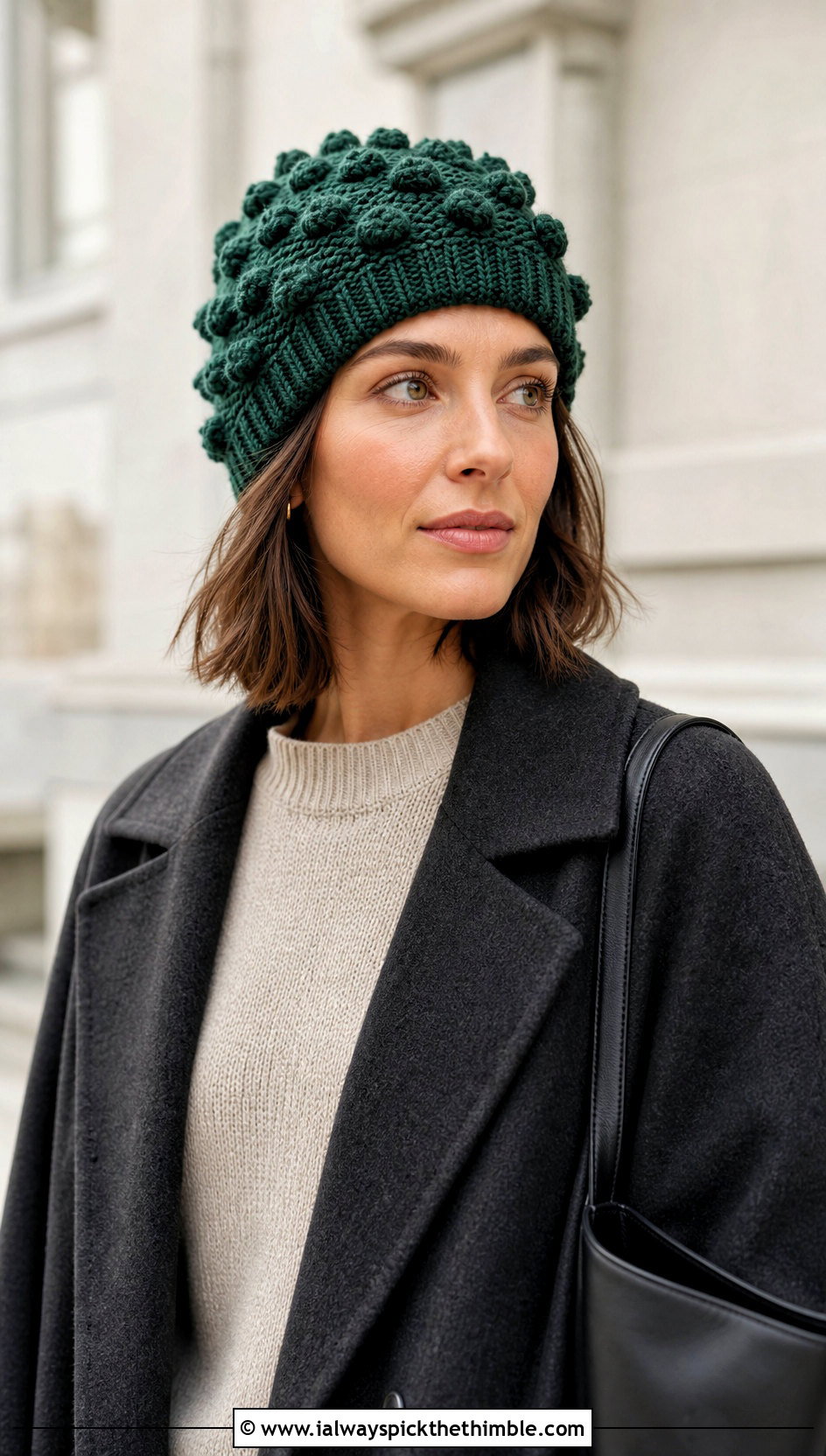 Bobble Stitch Crochet Beanie With Minimal Coat And Knit Set - 20 beginner crochet beanie outfit ideas