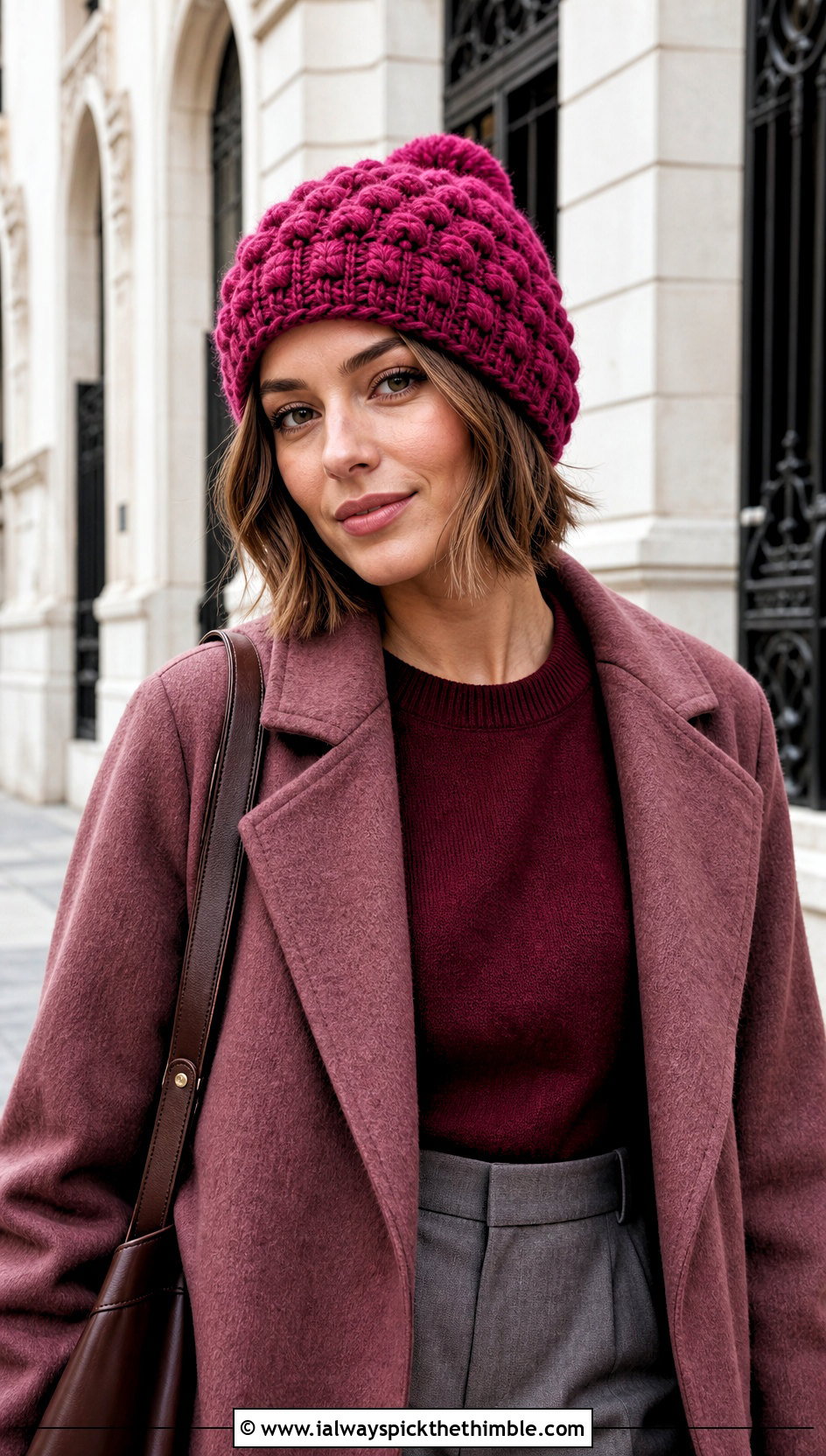 Bobble Stitch Crochet Beanie With Monochrome Outfit - 20 winter crochet hats outfit ideas