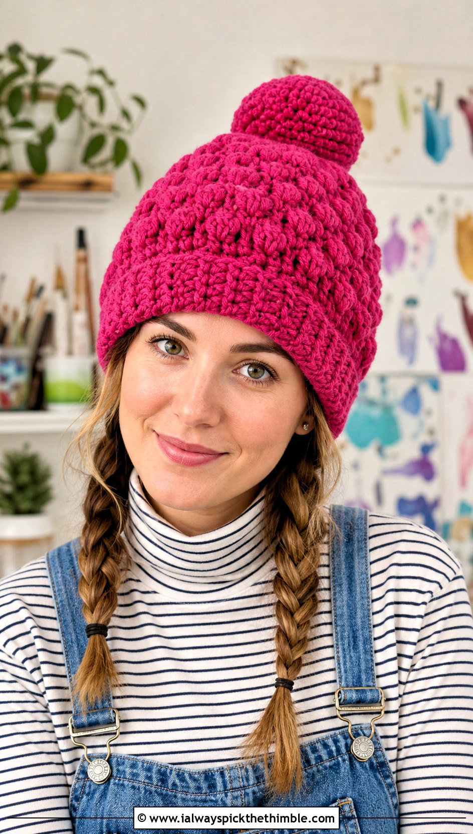 Bobble Stitch Crochet Beanie With Overalls - 25 cute crochet beanies outfit ideas