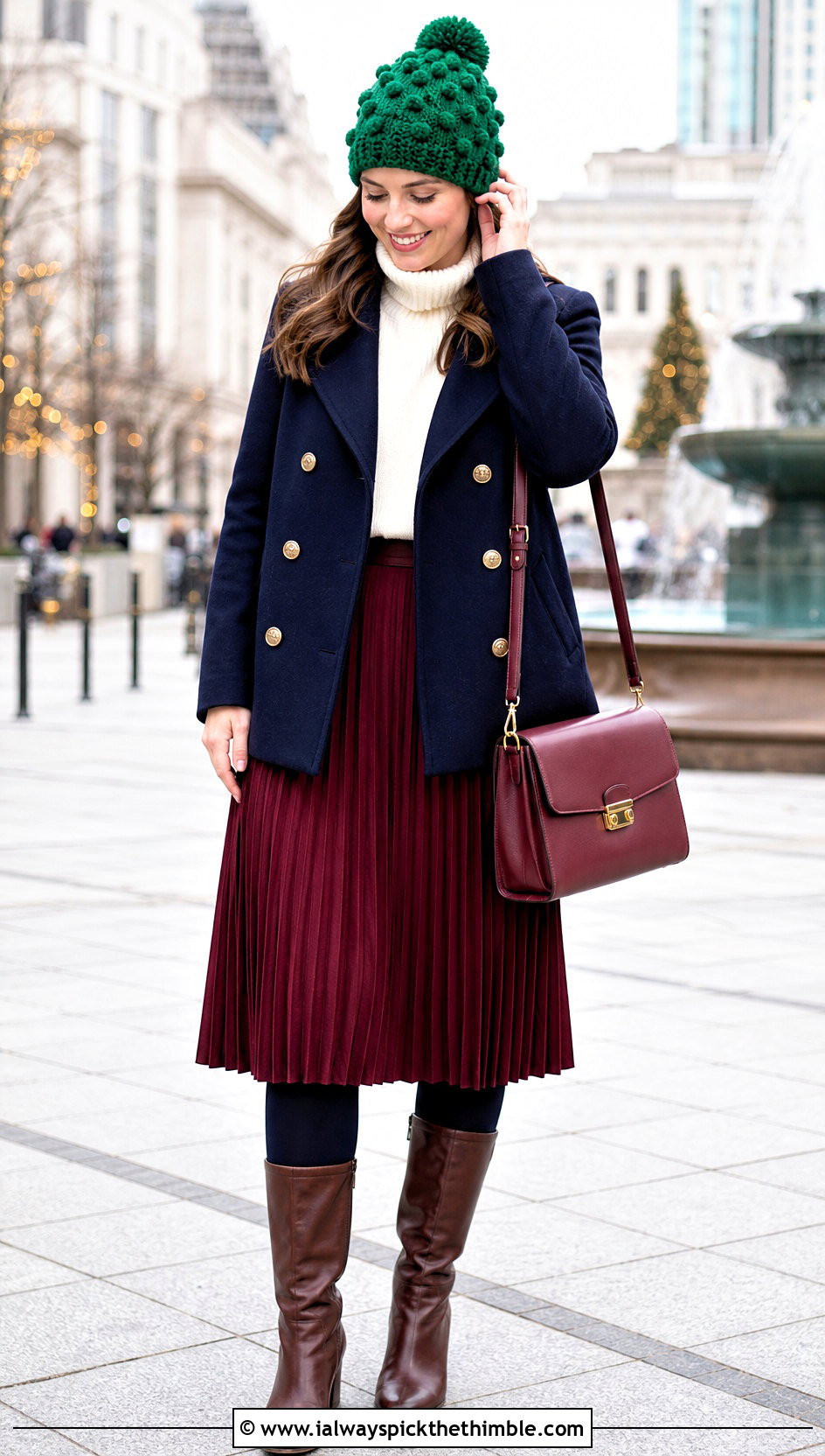 Bobble Stitch Crochet Beanie With Peacoat And Pleated Skirt - 25 easy crochet beanie womens outfit ideas