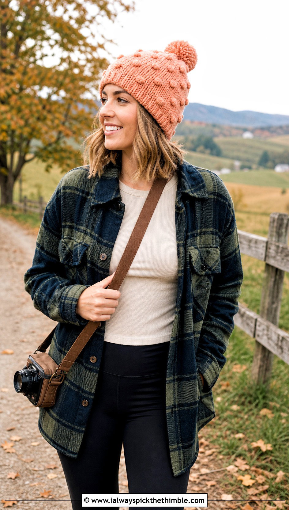 Bobble Stitch Crochet Beanie With Plaid Shacket And Leggings - 25 cute crochet beanie outfit ideas