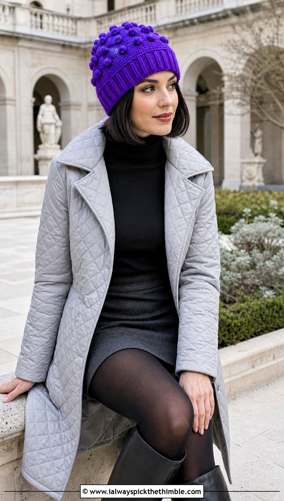 Bobble Stitch Crochet Beanie With Quilted Coat And Mini Skirt - 20 easy crochet beanies outfit ideas