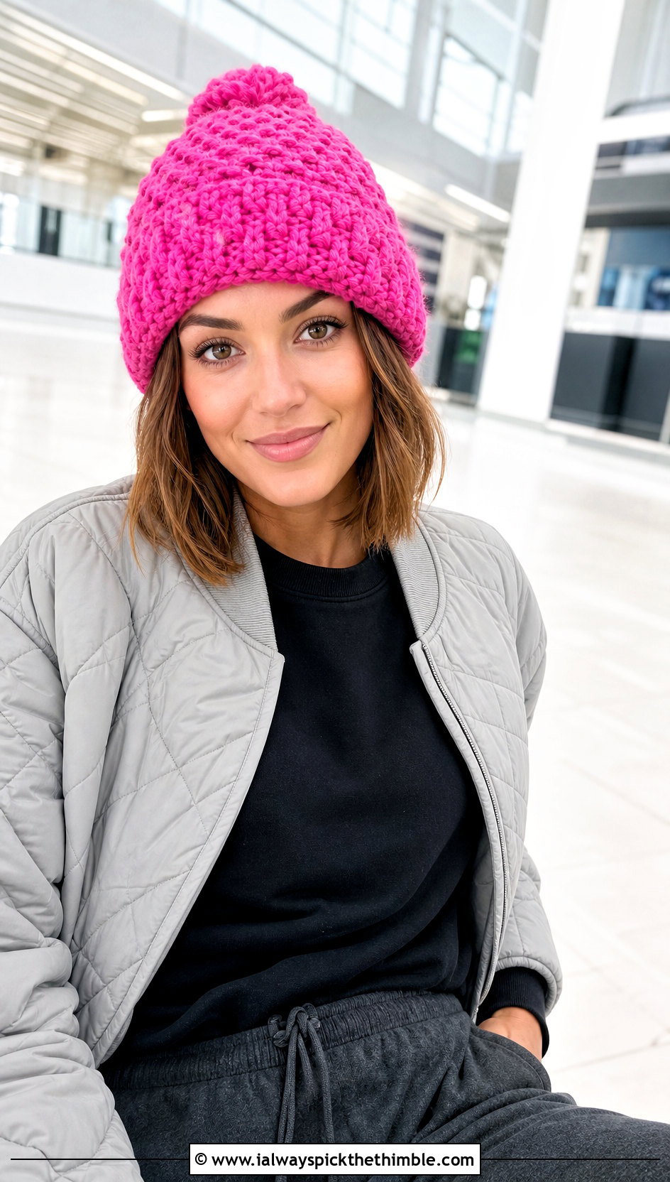 Bobble Stitch Crochet Beanie With Quilted Jacket And Joggers - 25 crochet beanie hat outfit ideas