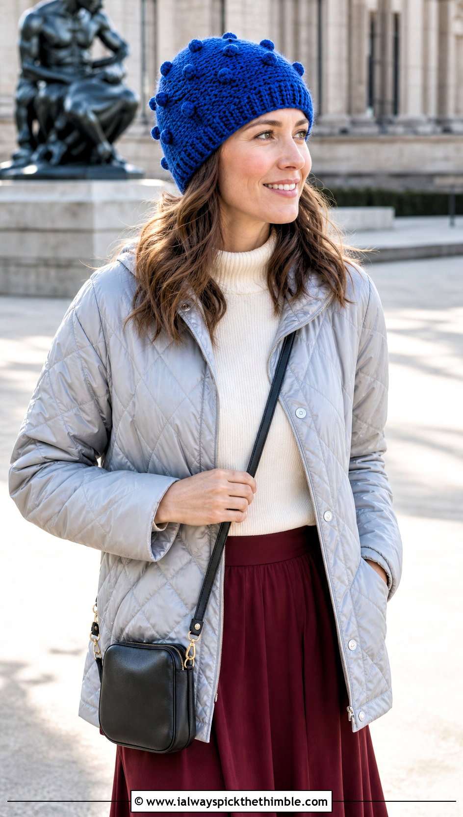 Bobble Stitch Crochet Beanie With Quilted Jacket And Midi Skirt - 20 Fun Crochet Beanie outfit ideas