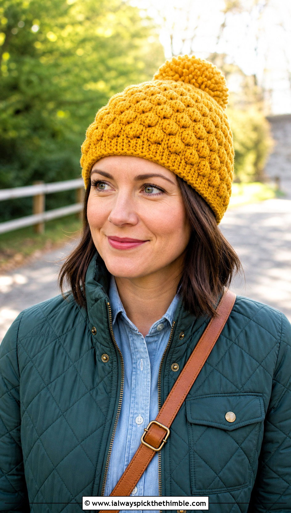 Bobble Stitch Crochet Beanie With Quilted Jacket - 20 unique crochet beanie outfit ideas