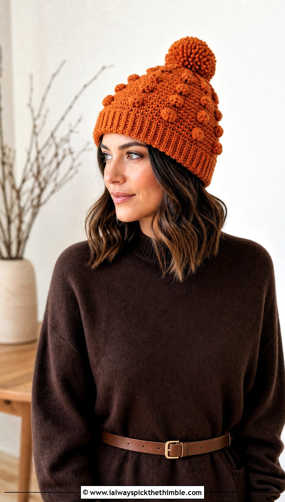 Bobble Stitch Crochet Beanie With Sweater Dress - 20 crochet fall beanie outfit ideas