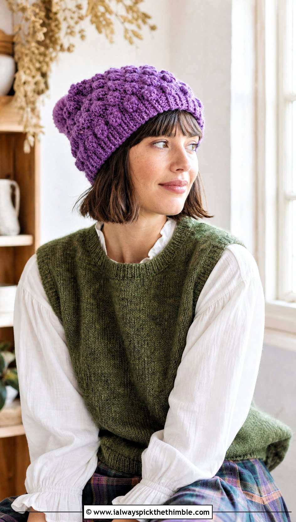 Bobble Stitch Crochet Beanie With Sweater Vest And Maxi Skirt - 20 country cottage crochet beanie outfit ideas