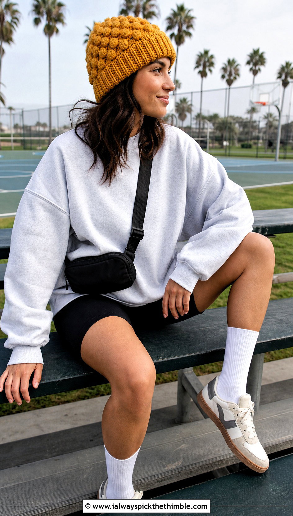 Bobble Stitch Crochet Beanie With Sweatshirt And Bike Shorts - 25 basic crochet beanie outfit ideas