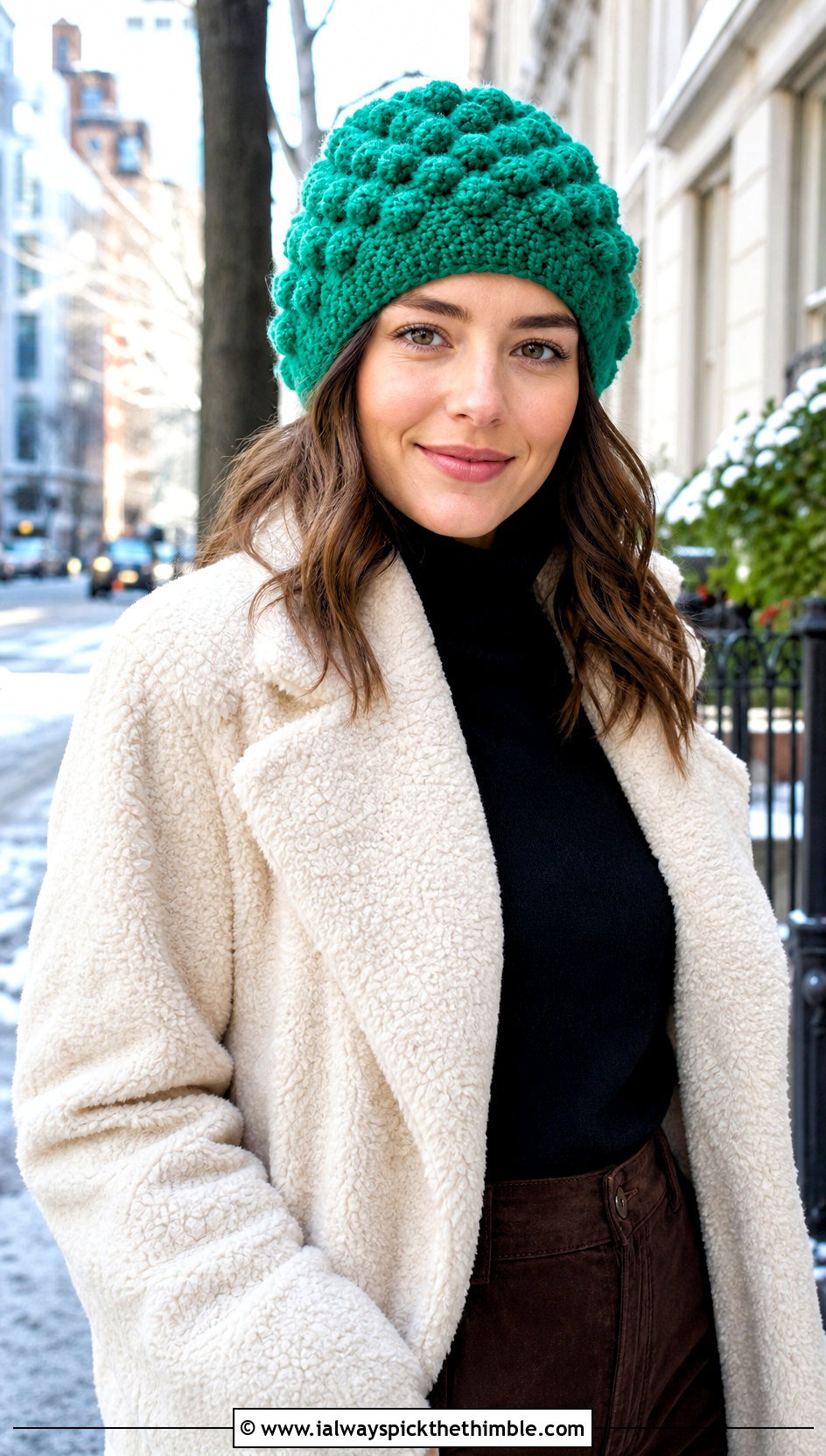 Bobble Stitch Crochet Beanie With Teddy Coat And Flared Pants - 25 aesthetic crochet beanie outfit ideas