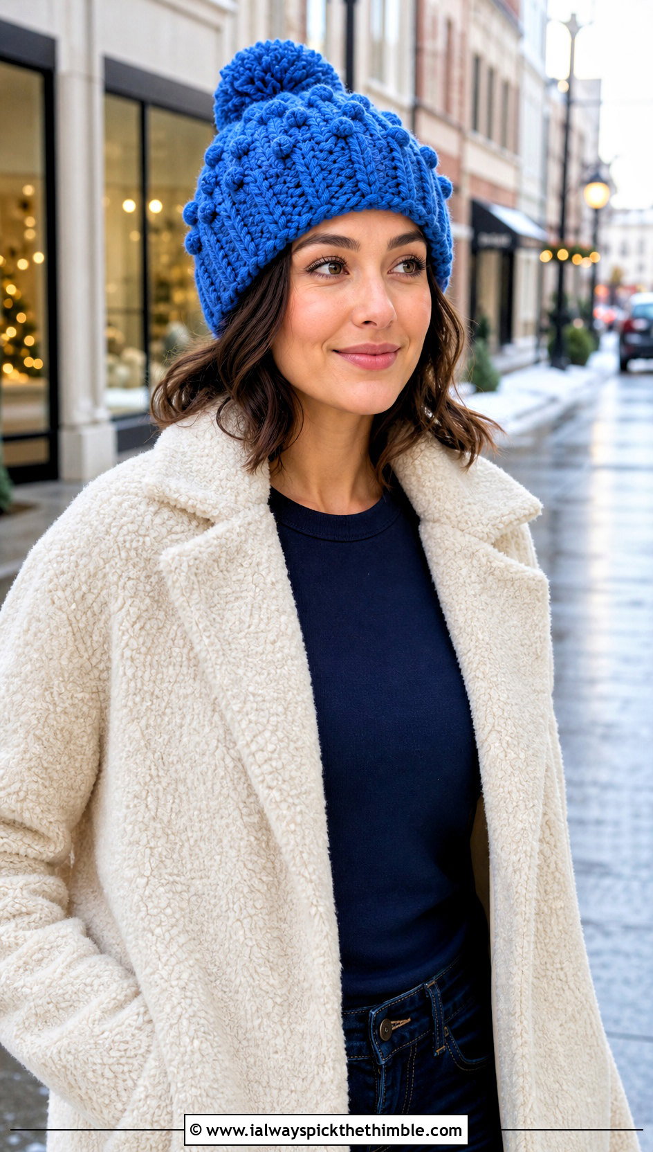 Bobble Stitch Crochet Beanie With Teddy Coat And Jeans - 25 easy crochet beanie outfit ideas