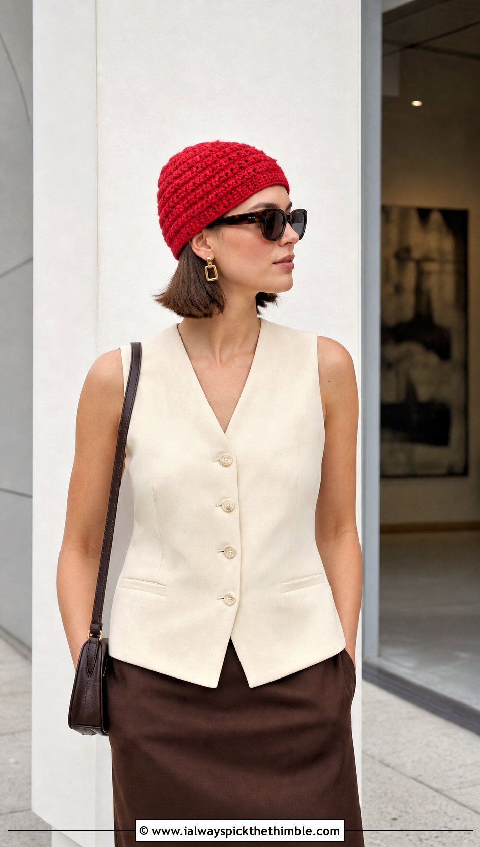 Bobble Stitch Crochet Beanie With Vest And Column Skirt - 20 summer crochet beanie outfit ideas