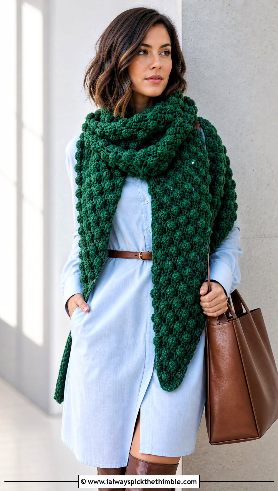 Bobble Stitch Crochet Blanket Scarf With Shirt Dress - 25 crochet blanket scarf outfit ideas